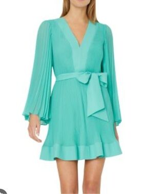 MILLY Pleated V-Neck Tie-Waist Mini Dress